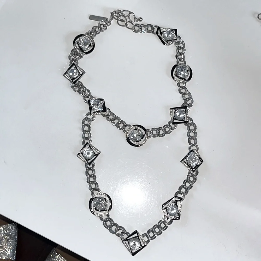Vtg Oscar De La Renta Signed silver black rhinestone double necklace - Picture 1 of 12